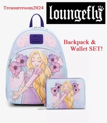 LOUNGEFLY Disney Tangled Rapunzel Pastel Flowers Mini Backpack & Wallet SET! NEW