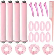 21pcs Overnight No Heat Hair Curls, Flannel Curling Magic Tool, Heat - free Curler for All Hair Types, Soft Curler for Sleeping, Duck - Bill Clips, Tail Comb, Elastic Bands, Rings (Pink)