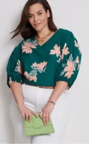 Autograph Top Plus Size 22 Tunic Shirt Linen Blend Green Floral 3/4 Sleeve RP$95