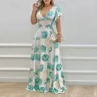 Elegant Women's Blue and White Maxi Dress with Short Sleeves and Lotus Leaf