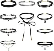[SinChic] Black Choker,10 PCS Stretch Collar Choker Necklace Set Black Lace Tattoo Velvet Chokers Classic Velvet Choker Necklaces for Women Ladies Girls Hallowenn Party Dress Decorations, ONE SIZE