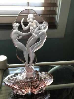 Vintage Czech Art Deco Intaglio cut 3 Nude Ladies Pink Crystal Perfume Bottle