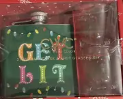 Hip Flask & Shot Glasses Set Christmas Holiday “Get Lit” Green W Lights 3 Piece