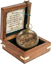 MSSI Inspirational Wooden Compass Box with Joshua 1:9 Scripture, Brass Nautical Compass with Chain, 3x3x1.5 inches