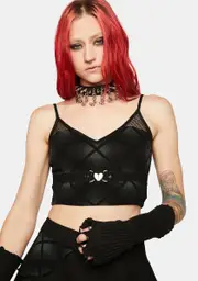 [Punk Rave] Heart Shape Decorative Buckle Gauze Spliced Plaid Crop Top
