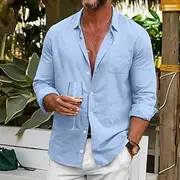 Men's Shirt Linen Shirt Summer Shirt Beach Shirt Untucked Shirts Plain Outdoor Street Black White Blue Khaki Long Sleeve Turndown Summer Spring Fall Clothing