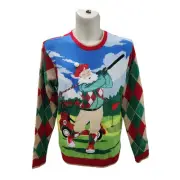 Blizzard Bay Mens Ugly Christmas Sweater Santa Golfing Golf Argyle L NWT