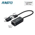 RASTO RH10 鋁製USB 3.2轉RJ45千兆高速網卡轉接器+TYPE C雙接頭