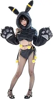 [Mobbunny] Anime Cosplay Lingerie Black Fluffy Paw Hoodie Lingerie Set for Women Fuzzy Bra and Panty Homewear with Tail