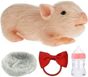 Silicone Pig with Pig Bowknot Nursing Bottle and Sleeping Pad Lifelike Animal Pig Doll Cute Realistic Miniature Reborn Silicone Pig Silicone Baby Pig for Kids