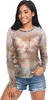 [RPLIFE] Cute Cat Kitten Print Mesh Top Long Sleeve, Sexy Mesh Top S-XXL