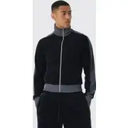 Mens Black Regular Fit Funnel Neck Velour Track Top