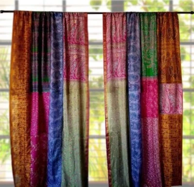 4 Pc Indian Old Recycle Silk Saree Boho Multi Curtain Door Drape Decor Curtain
