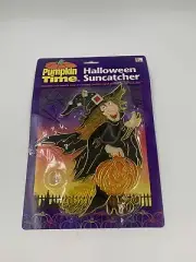 Vintage Pumpkin Time Kmart Halloween Suncatcher Witch Broom Pumpkin