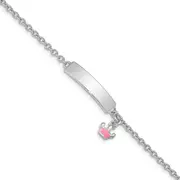 7 Inch Sterling Silver Rhodium-Plated Polished & Pink Enameled Crown With 1 Extension Children'S Id Bracelet