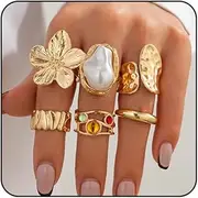 [ONBRIG] 6PCS Gold Rings for Women Non Tarnish Flower Rings for Women Gold Chunky Rings Gold Stackable Rings for Women Silver Statement Rings Baroque Pearl Ring Vintage Knuckle Rings Chunky Gold Jewelry