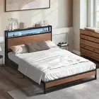 Oikiture Metal Bed Frame Double Size LED Light Storage Headboard USB Charge