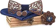 [PHEZEN] Wooden Bow Tie Gift Set for Men, Handmade Natural Wood Bowtie with Square Scarf, Corsage and Cufflinks Wood Box Set Type 2