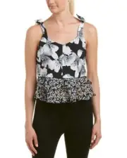 Nicole Miller Artelier BLACK/WHITE Hibiscus Canopy Tie Ruffle Tank, US Petite