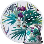 Tropical Leaves and Purple White Orchid Flowers Round Beach Towel