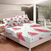 Watermelon Bedding Set Kids Boys Girls Delicious Fruit Print Fitted Sheet Watermelon Seeds Bed Sheet Set Cool Summer Bed Cover,Room Decor 3Pcs Sheets Full Size