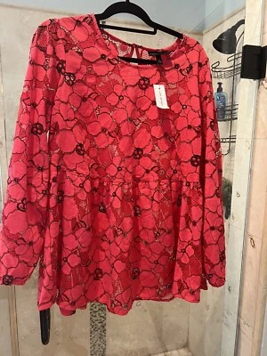 NWT $70 Lane Bryant Size 18 Peplum Sheer Lace Pink Floral Top Blouse Tunic Teal