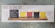 New! Beer Tasting Kit 7 Piece Set - Serving Board, 4 Glasses, Slate Menu, Chalk