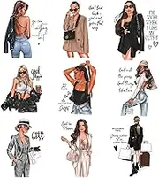 9PCS Fashion Girl Small Size Iron On Decals Thermal Transfer Stickers for Clothing Heat Press Decoration Appliqued Sublimation Patches Iron On Transfer Designs Heat Press Vinyl for Shirts