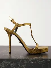 [Versace] Versace - Embellished Metallic Snake-effect Leather Sandals - Gold - IT38 IT 38 Gold