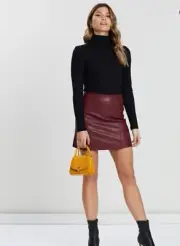 ATMOS & HERE Pencil Skirt Size 8 BNWT “ Elora Mini Skirt” Burgundy Leatherette