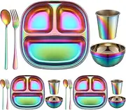 Tioncy 15 Piece Stainless Steel Kids Dinner Set Including 3 Bowls, 3 Balanced Bites Divided Plates, 3 Cups, 3 Spoons and 3 Forks, Stainless Steel Lunch Plates Dinnerware Set for Kids Toddlers(Rainbow)