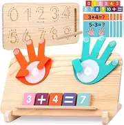 Montessori Learning Toys for Toddlers 2-4, Double-Sided Finger Counting & Number Tracing Board, Colorful Number Blocks, Solid Pine Wood Educational Math Toy for Kids Boys Girls Ages 1 3 5 Year Old
