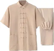 [NTWSHS] Chinese Clothing Kung Fu Uniform Cotton Linen Martial Arts Clothes Short Sleeved Pants Zen Meditation Uniform Tai Chi Clothes,Tang Suit Hanfu(Yellow,Large)