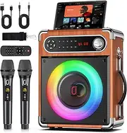 Karaoke Machine with 2 Wireless Microphones, Portable Bluetooth Speaker for Adults, PA System with Bass/Treble Adjustment, Supports TF Card/USB, AUX in, FM, REC,TWS for Party-Wood