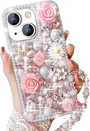 Bling Diamond Case for Moto G 2025 5G with Pearl Bracelet Strap Cover,Pink 3D Sparkly Shiny Crystal Rhinestones Flower Girly Shockproof Phone Case with Lanyard