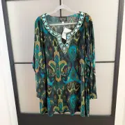 BOB MACKIE Wearable Art JEWELED TUNIC BLOUSE PLUS SIZE 3X GREEN TURQUOISE NWT