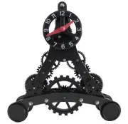 Mechanical Moving Gear Desk Clock Black Metal Analog Dial Battery Power