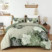 Menghomeus Floral Comforter Set King Ombre Green Bedding Lightweight Microfiber Bed Comforter for All Season, 3 Piece Flowers Comforter with 2 Pillowcases