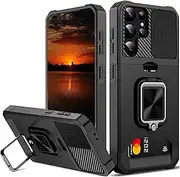 for Samsung S21 Ultra Case with Card Holder, rojarou S21 Ultra case with Slide Camera Cover and 360° Rotate Ring Kickstand Heavy Duty Protective Phone Cover Case for Samsung Galaxy S21 Ultra 5G -Black