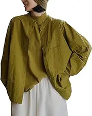 [LZJN] Womens Mandarin Collar Oversized Cotton Boyfriend Shirt Long Sleeve Button Down Blouse Tops with Pocket Casual Work Wear