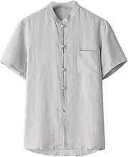 [qwmvhfg] tang suit， Chinese Tang suit， Chinese Men'S Tang Suit Flax Short Sleeve Kung Fu Summer Thin Loose Stand Collar Half Sleeves grey