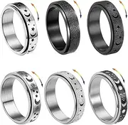 [LOCCY] Anxiety Ring for Women Men, 6 Pcs Stainless Steel Spinner Rings Star and Moon Spinner Rings Mens Spinner Ring for Anxiety Wedding Band Rings Engagement Promise Rings Black/Silver