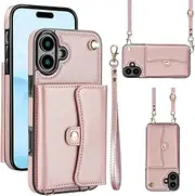 Leather Crossbody Wallet Case for iPhone 16 Plus with RFID Blocking,Magnetic Closure Card Holder,4 Card Slots Kickstand Phone Case, Shockproof Wrist Strap Case for Men/Women(Rose Gold)