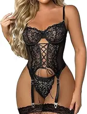 Lilosy Sexy Floral Lace Up Corset Garter Lingerie Set