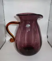 BLENKO Art Glass Purple Pitcher Amber Handle 2001 Optic pattern 11" Form 938