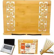 Portable Bamboo Menu Guest Book Reception Brochure Display Stand with Adjustable 6 Angles & Flexible Page Holder Clips, Hollow Pattern Laptop Stand (Large, Size: 39 x 28 cm)