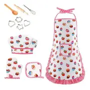 11PCS Kids Cooking & Baking Set Apro Chef Costume and Hat for Ages 2-6 Perfect for Girls Dress Up