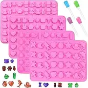 4 Pack Silicone Chocolate Molds with 4 Droppers, FineGood Mini Gummy Candy Molds Non Stick Ice Cube Trays Silicone Baking Molds Including Animals, Fruits, Insects, Hearts