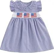 [Suolongsama] 4th of July Baby Girl Outfits Toddler Independence Day Smocked Dress Peter Pan Collar Flutter Sleeve Dresses