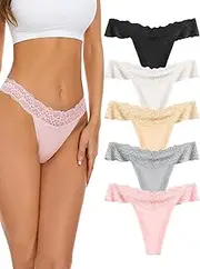 [VOENXE] Seamless Lace Thongs for Women No Show Thong Underwear,Lady Breathable Comfort Panty Soft Laser Cut Undie,Tanga,5-Pack